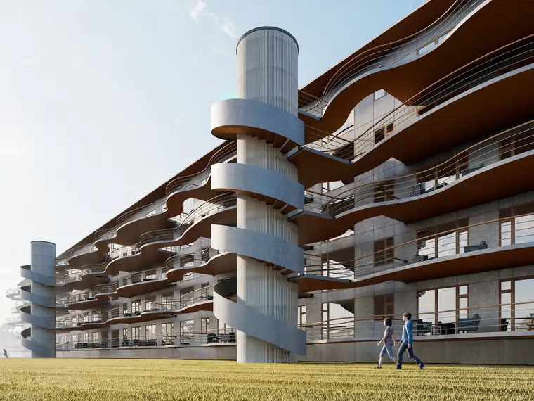 Plattenbau mit geschwungenen Balkonschichten nach dem Umbau in Rötha