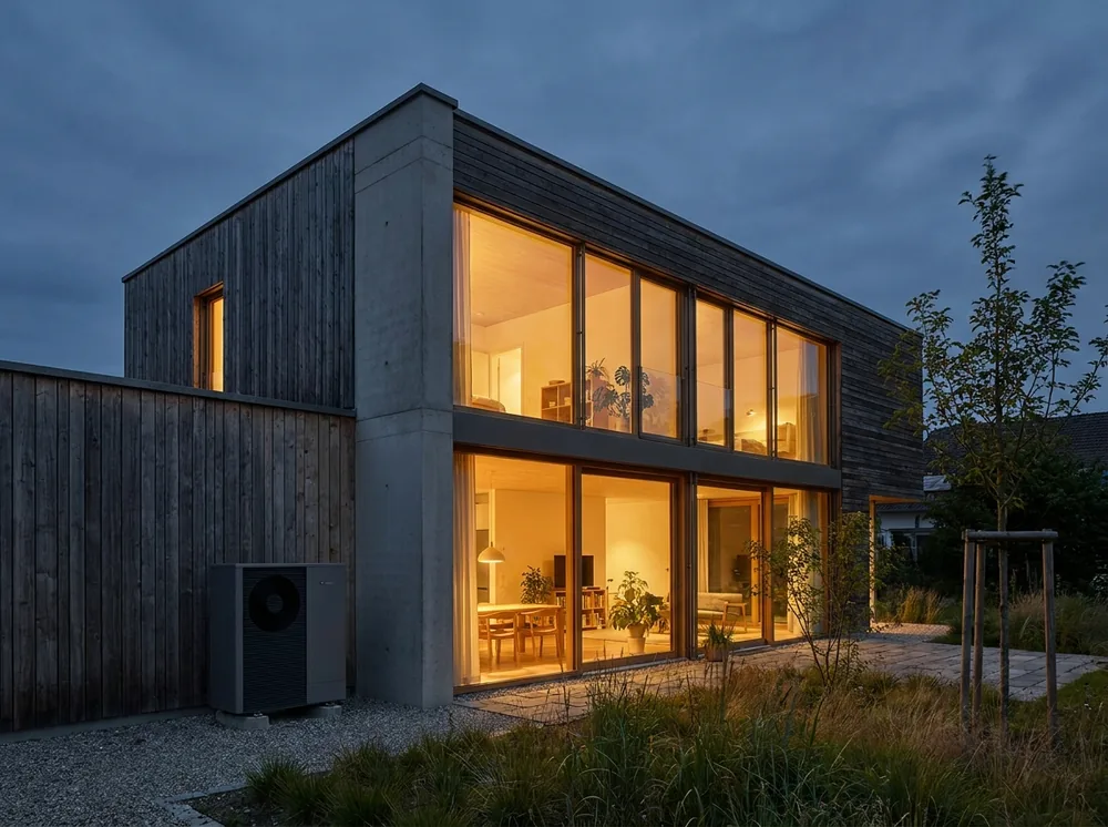 Energieeffizientes Wohnhaus mit warm beleuchteter Verglasung am Abend