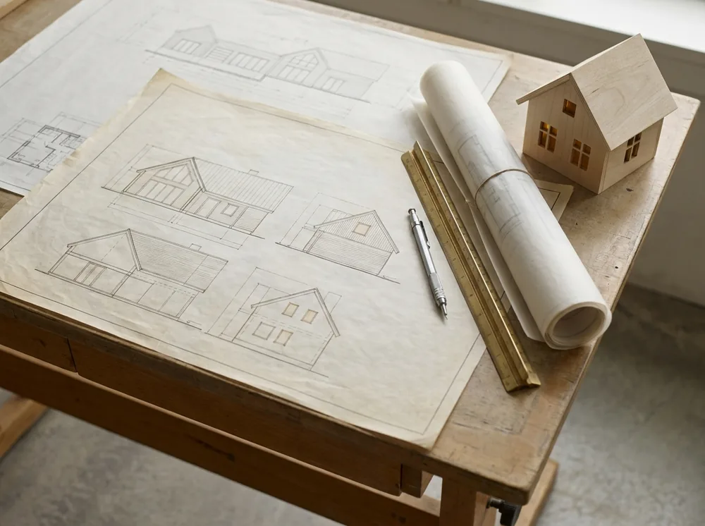 Technische Baupläne und Architekturmodell auf einem Zeichentisch