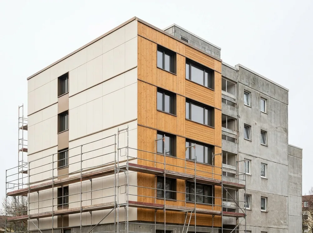 Serielle Sanierung: vorgefertigte Holzfassadenelemente an einem Bestandsgebäude